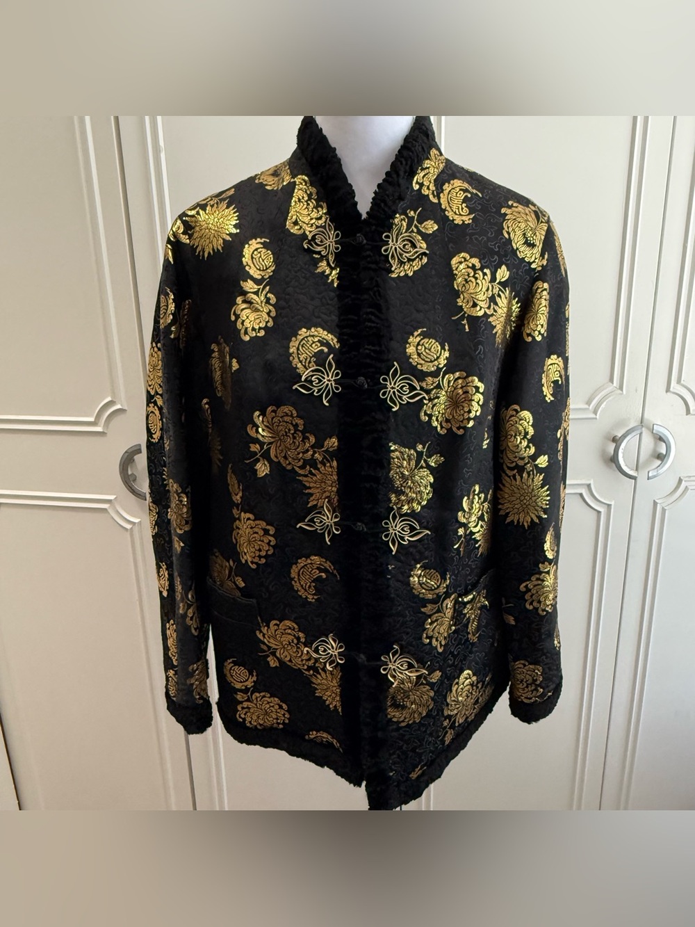 Vintage Black Gold Brocade Mandarin Jacket Frog Closure Asian Inspired Coat